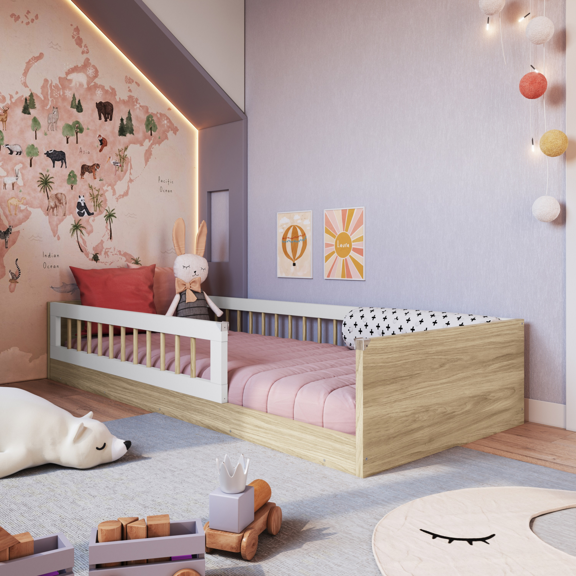 Cama Montessoriana de Solteiro Linha Affetto cor Aveiro OAK com Branco