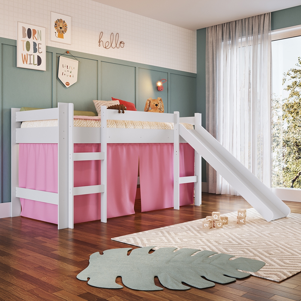 Cama Elevada com Escorregador Branco com Cortina Rosa