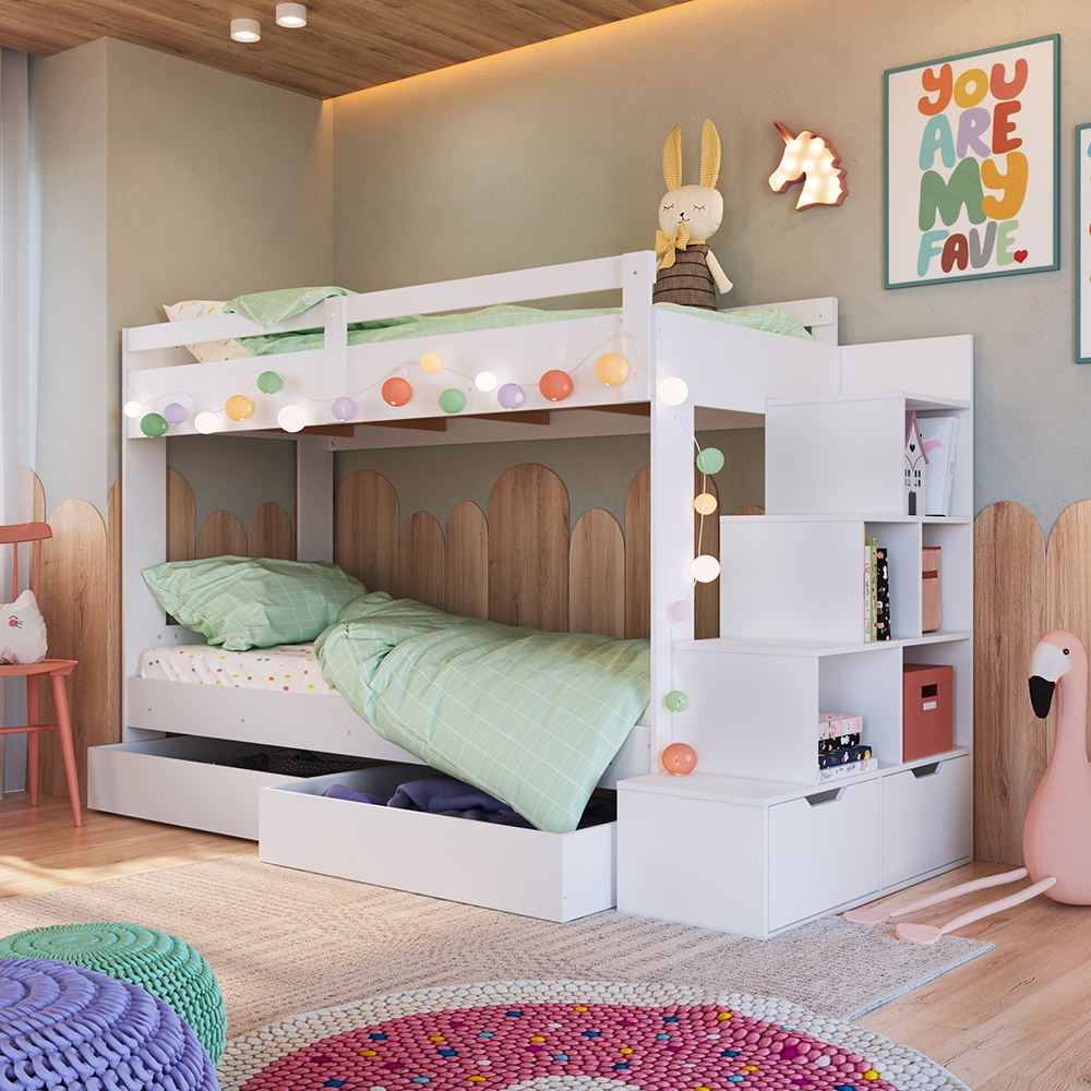 Beliche Infantil com Escada, Nichos, Gavetas Laterais e Gavetões Inferiores cor Branco