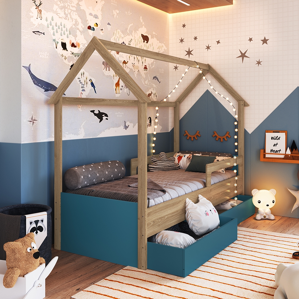 Cama Infantil Montessoriana com Gavetões Inferiores cor Aveiro OAK com Azul Secreto