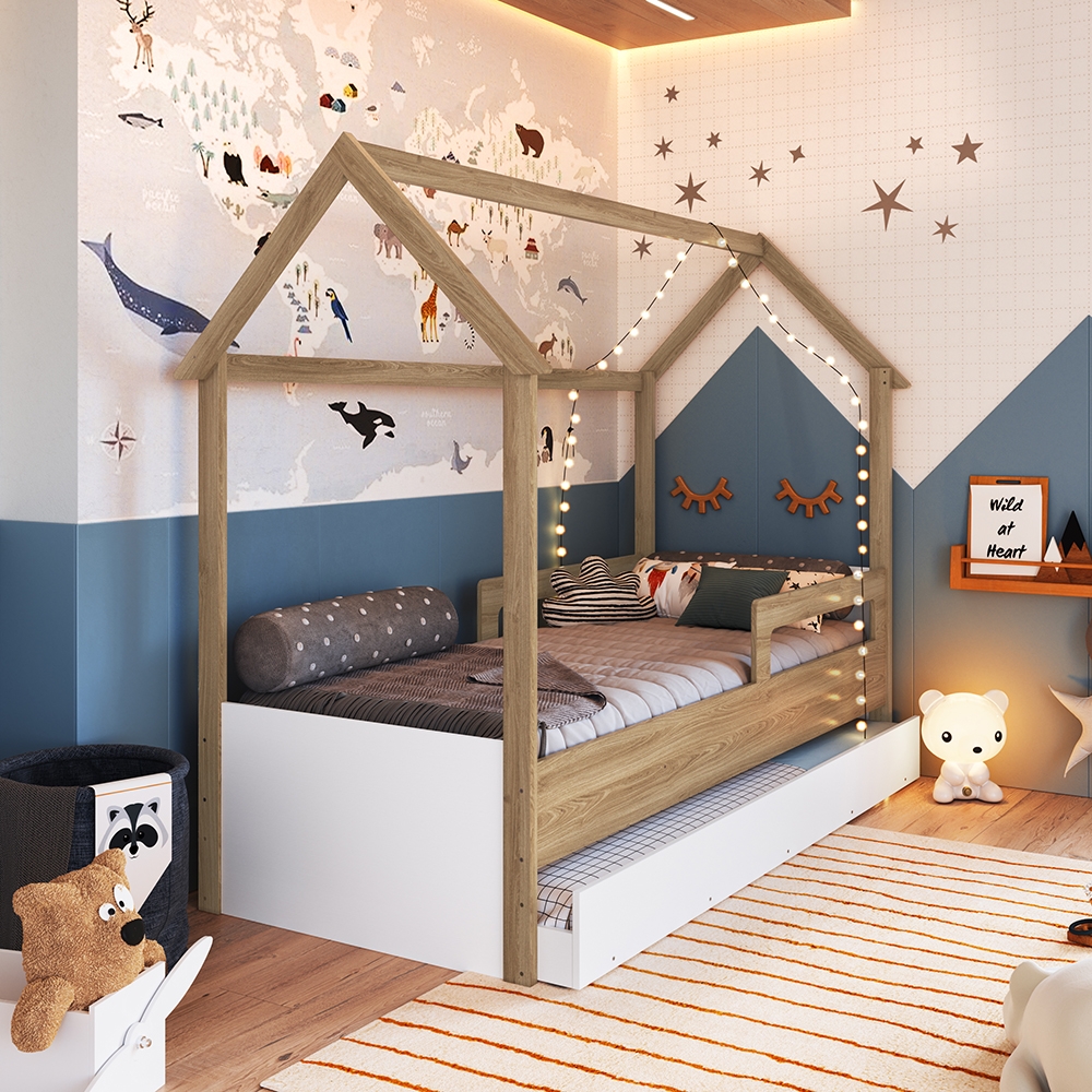 Cama Infantil Montessoriana com Cama Auxiliar cor Aveiro OAK com Branco
