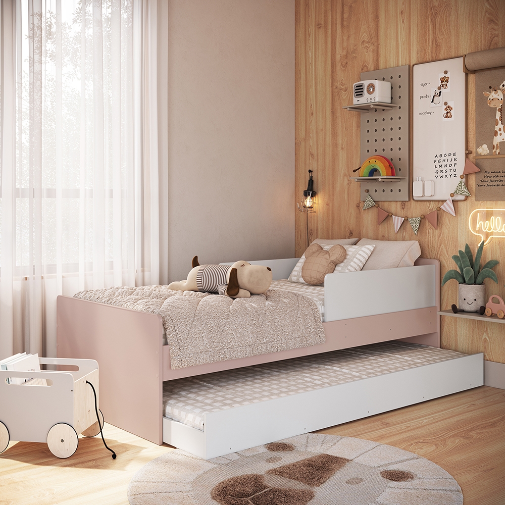 Cama Infantil para Colchão 0,88 x 1,88 cor Branca com Rosa com Cama Auxiliar