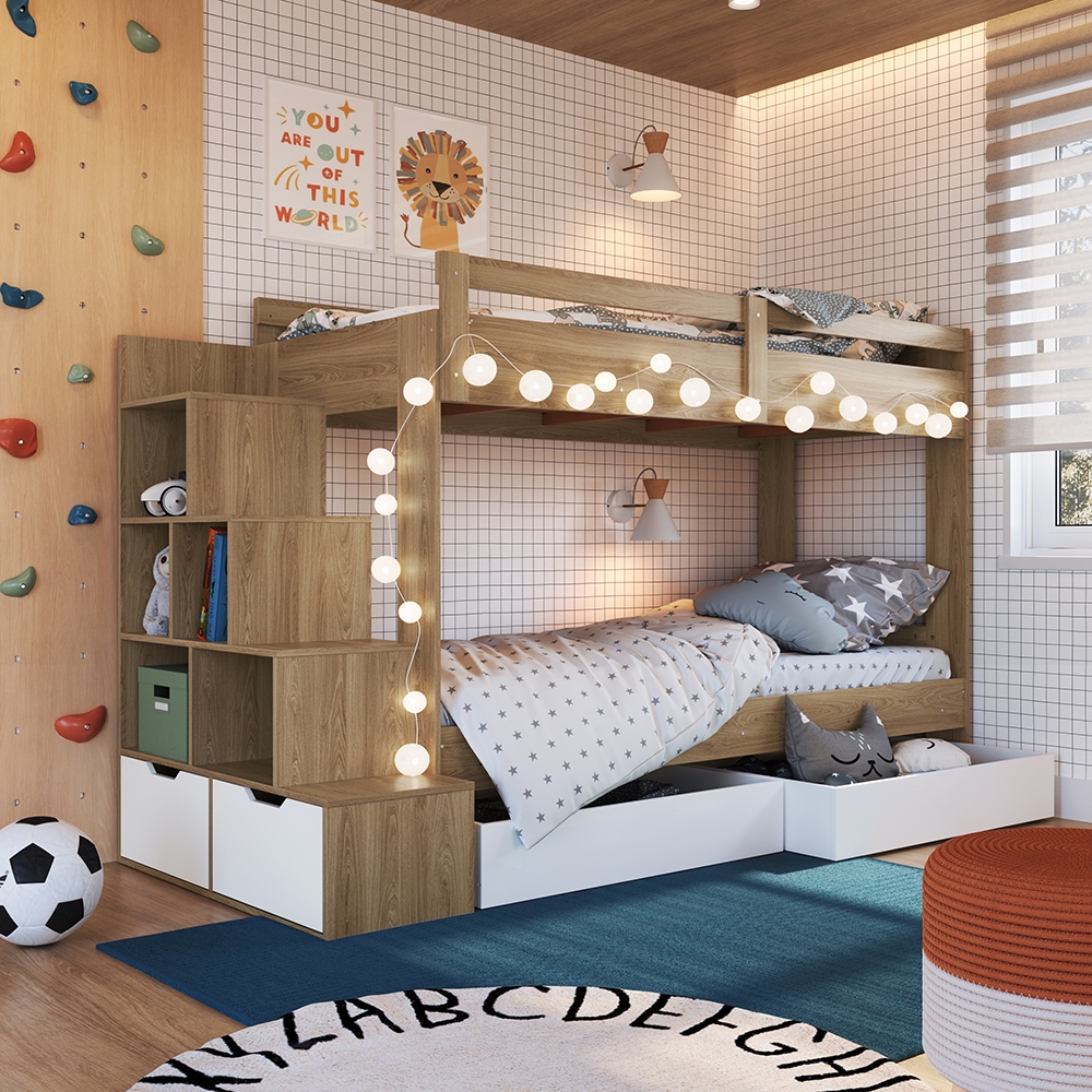 Beliche Infantil com Escada, Nichos, Gavetas Laterais e Gavetões Inferiores cor Aveiro OAK com Branco