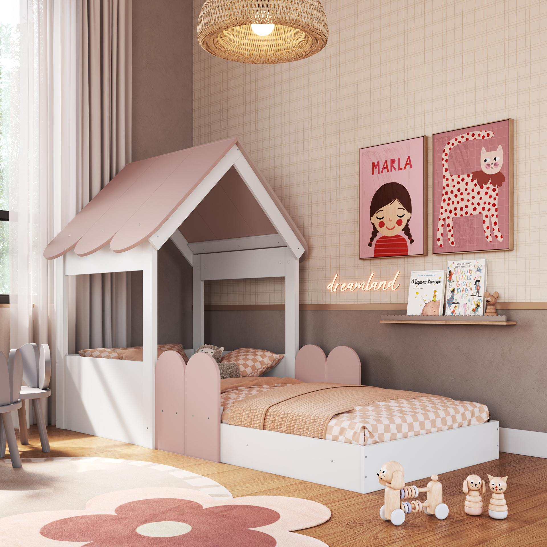 Cama Montessoriana Casinha cor Branco com Rosa Milkshake