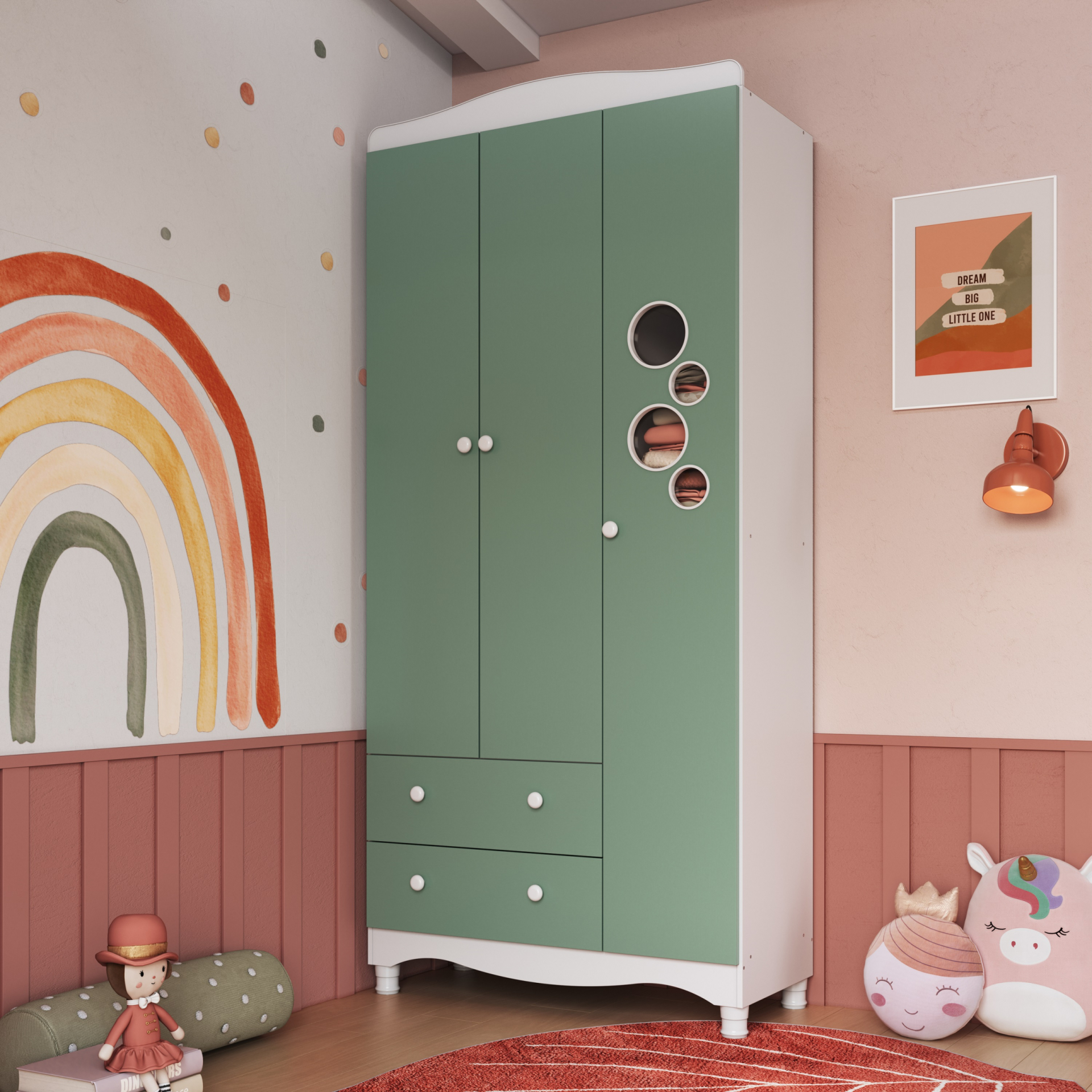 Guarda Roupas Infantil 3 Portas e 2 Gavetas Linha Encanto cor Branco com Verde