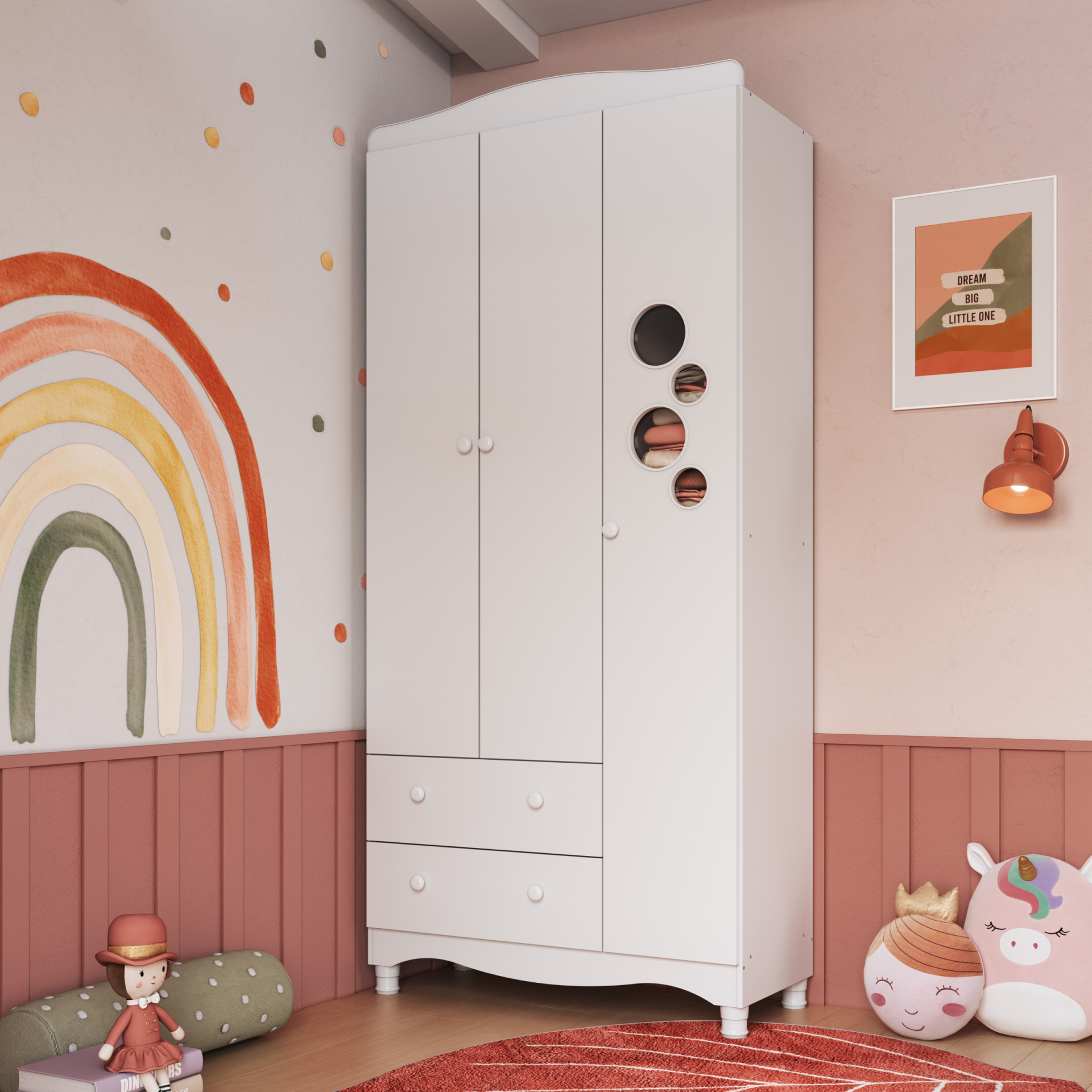 Guarda Roupas Infantil 3 Portas e 2 Gavetas Linha Encanto cor Branco