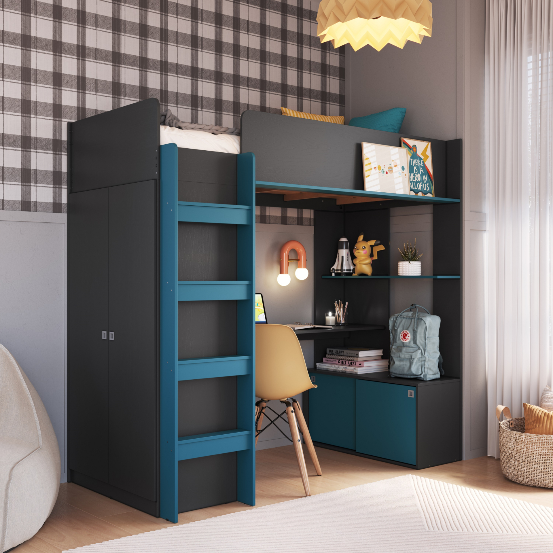 Cama Elevada Multifuncional com Armário e Escrivaninha cor Grafite com Azul Secreto