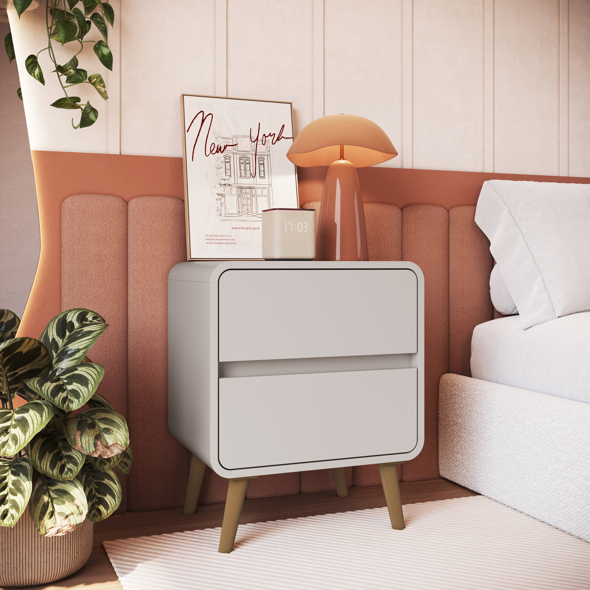 Mesa de Cabeceira com 02 Gavetas Linha Curve cor Bege Dunas
