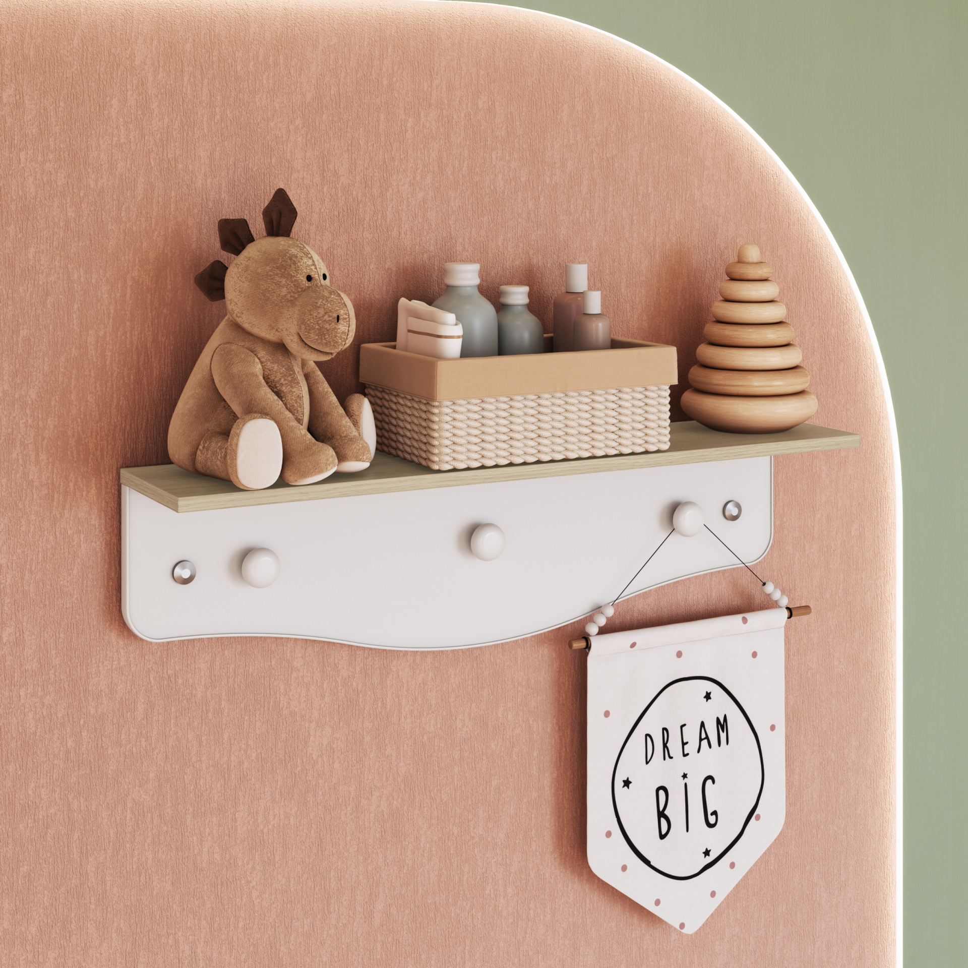 Prateleira Infantil com Cabideiro Linha Encanto cor Carvalho Araguaia com Branco