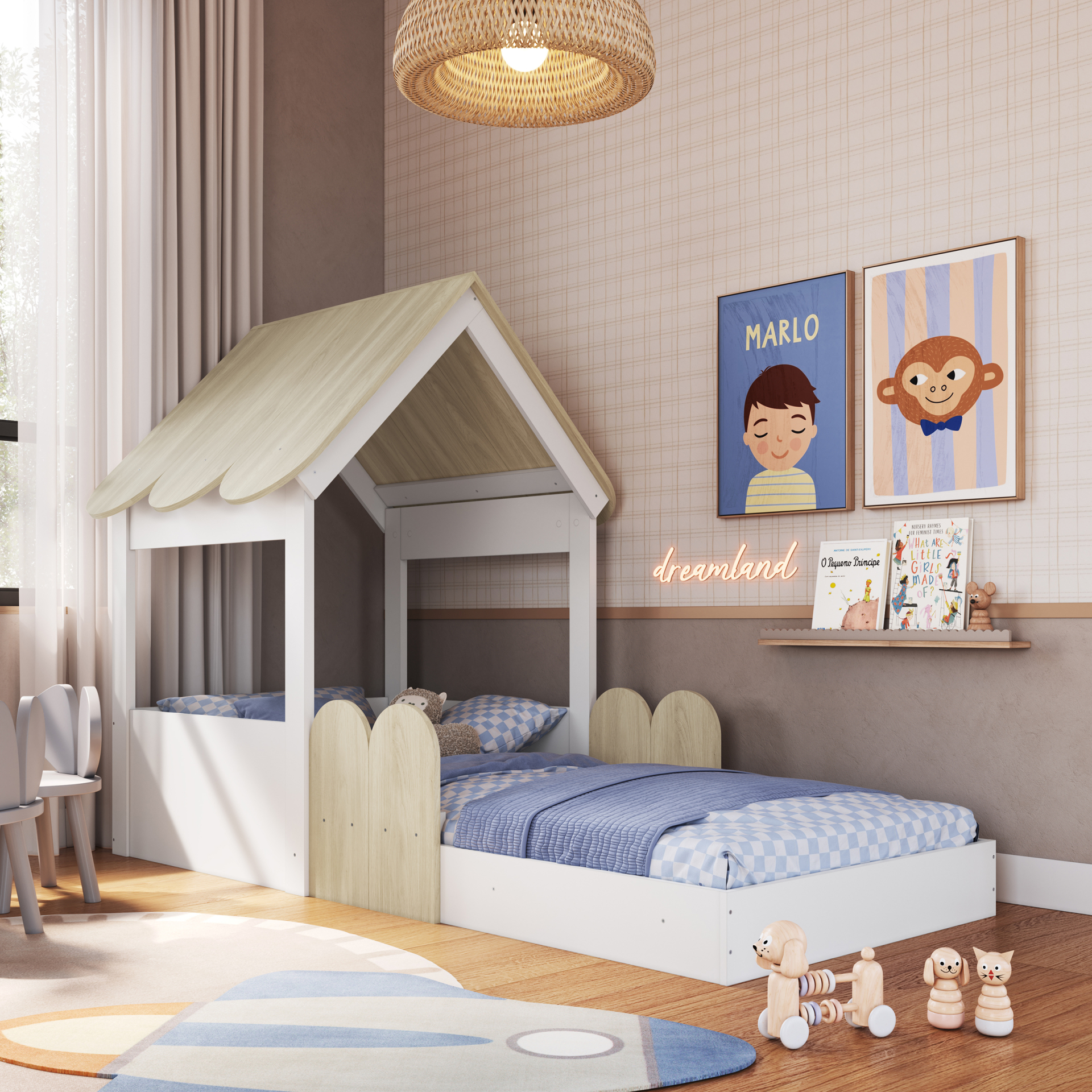 Cama Montessoriana Casinha cor Branco com Carvalho Araguaia