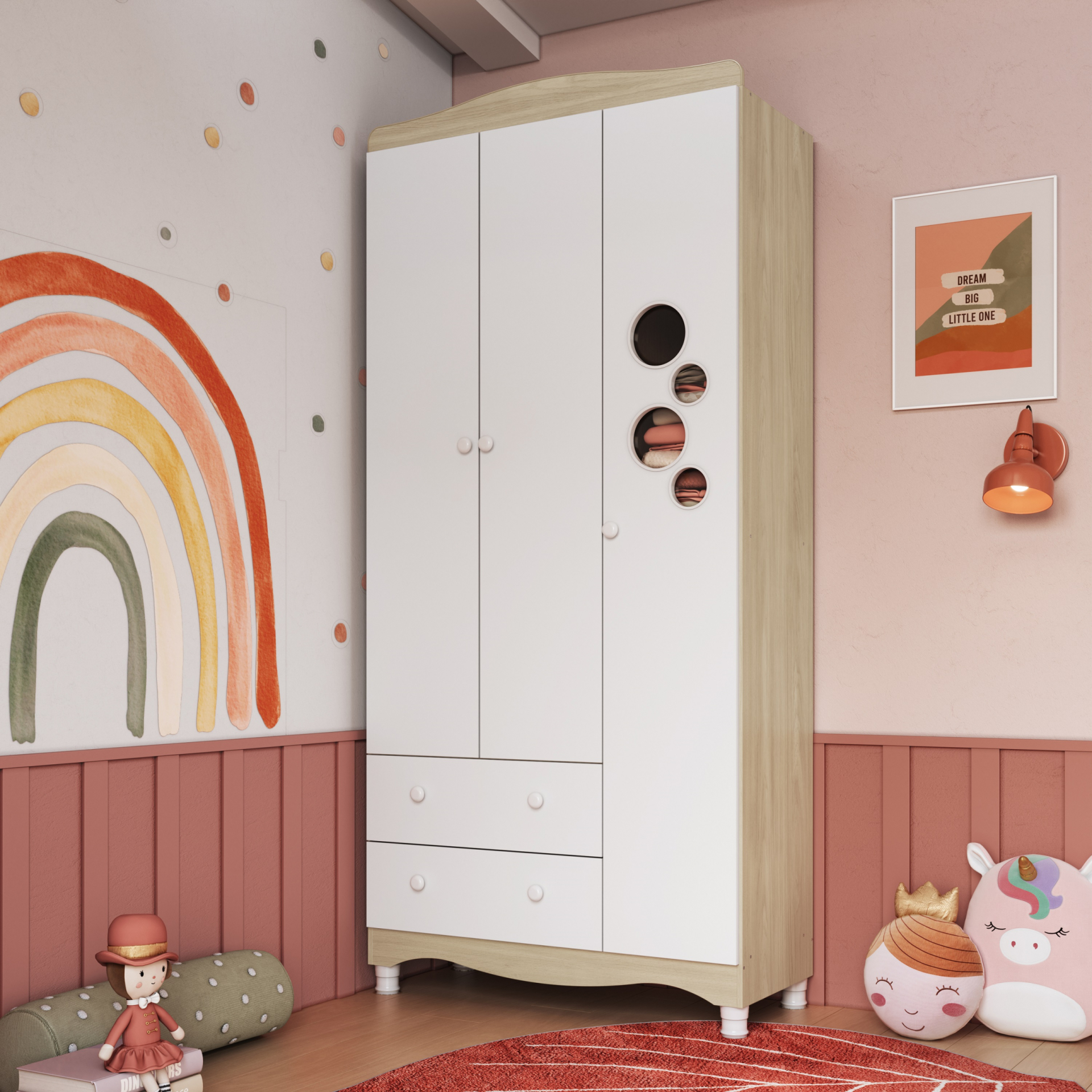 Guarda Roupas Infantil 3 Portas e 2 Gavetas Linha Encanto cor Carvalho Araguaia com Branco
