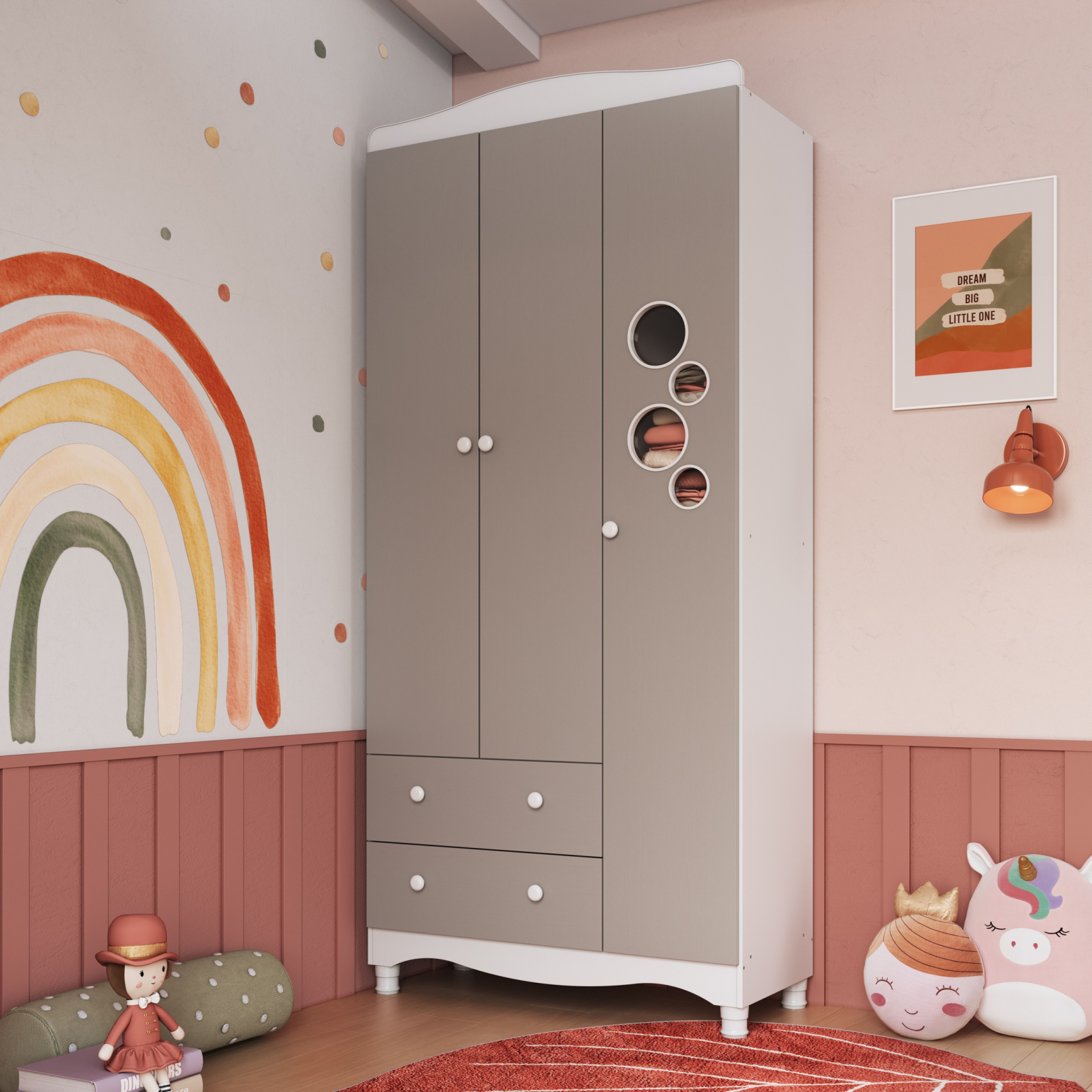 Guarda Roupas Infantil 3 Portas e 2 Gavetas Linha Encanto cor Branco com Cinnamon