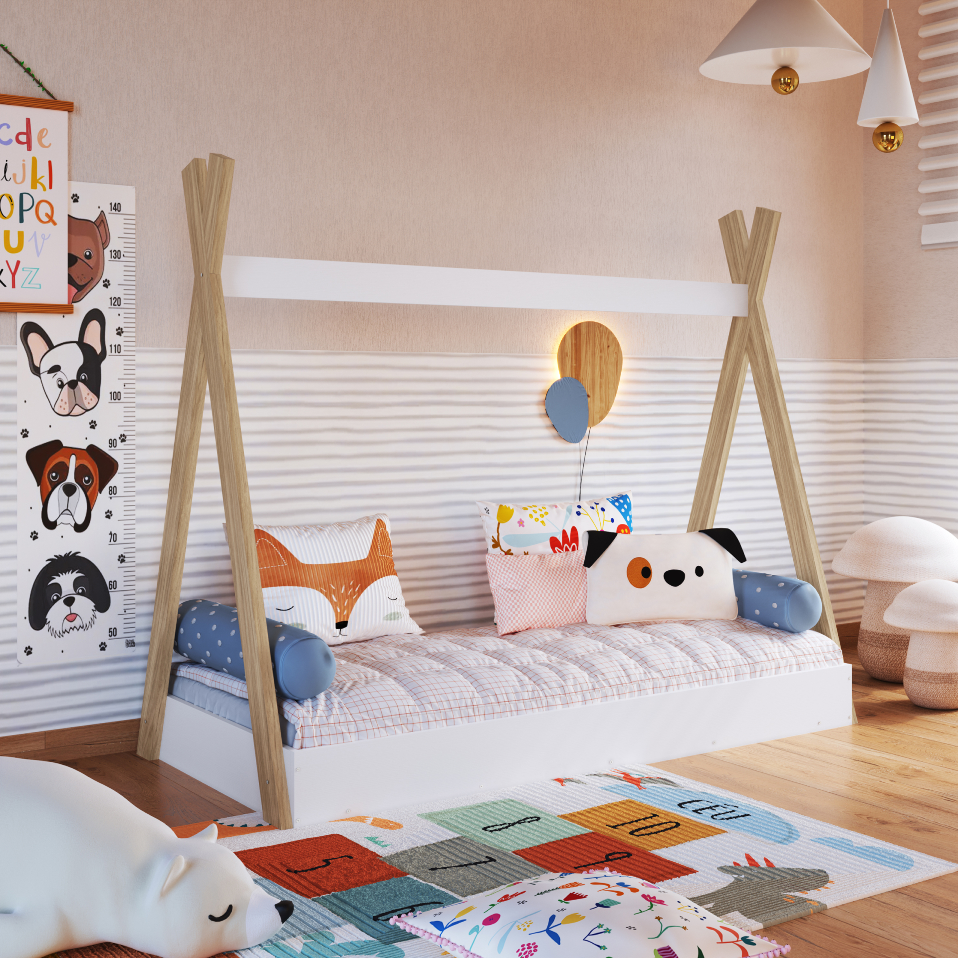 Cama Cabana de Solteiro cor Itapuã com Branco com Colchão