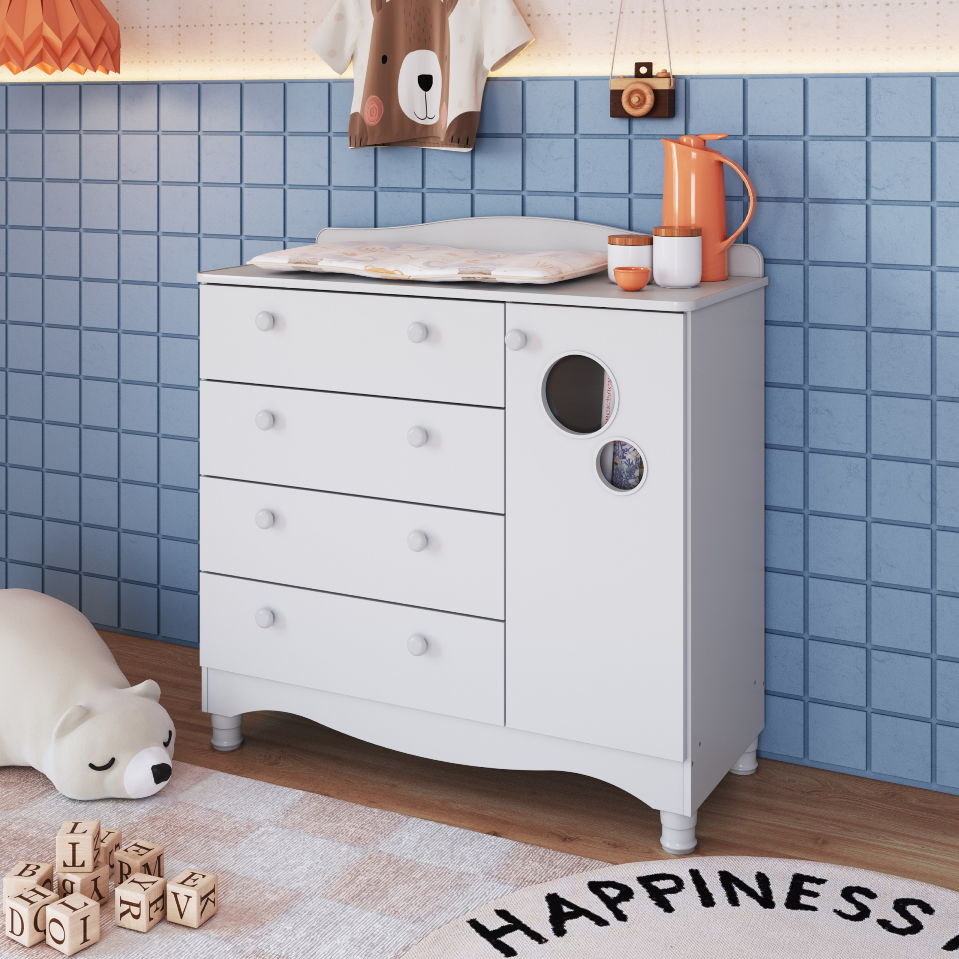 Cômoda Infantil 4 Gavetas e 1 Porta Linha Encanto cor Branco